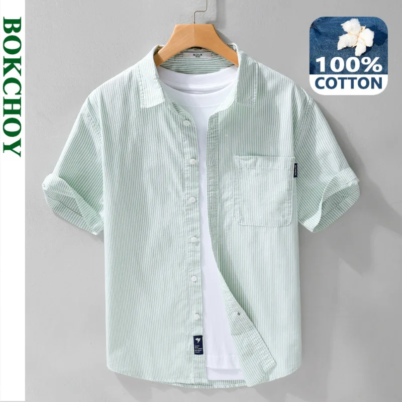 2024 Summer New Fresh Striped Pure Cotton Thin Short Sleeve Shirts Men Clothing Soft Casual Streetwear FY212