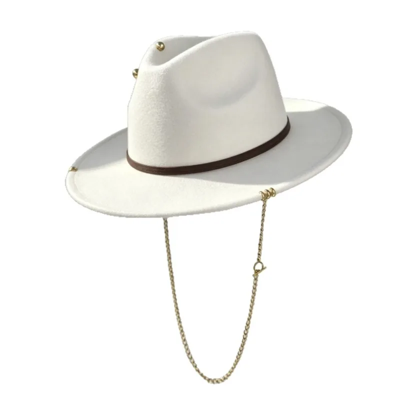 Women's Autumn Winter Pointed Felt Fedora Hat with Chain British Style