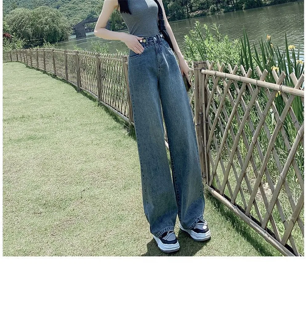 Jeans Women Adjust Waist Head Straight Leg Pants  High Waist Loose Casual Wide Leg Pants Female Denim Mopping Pants