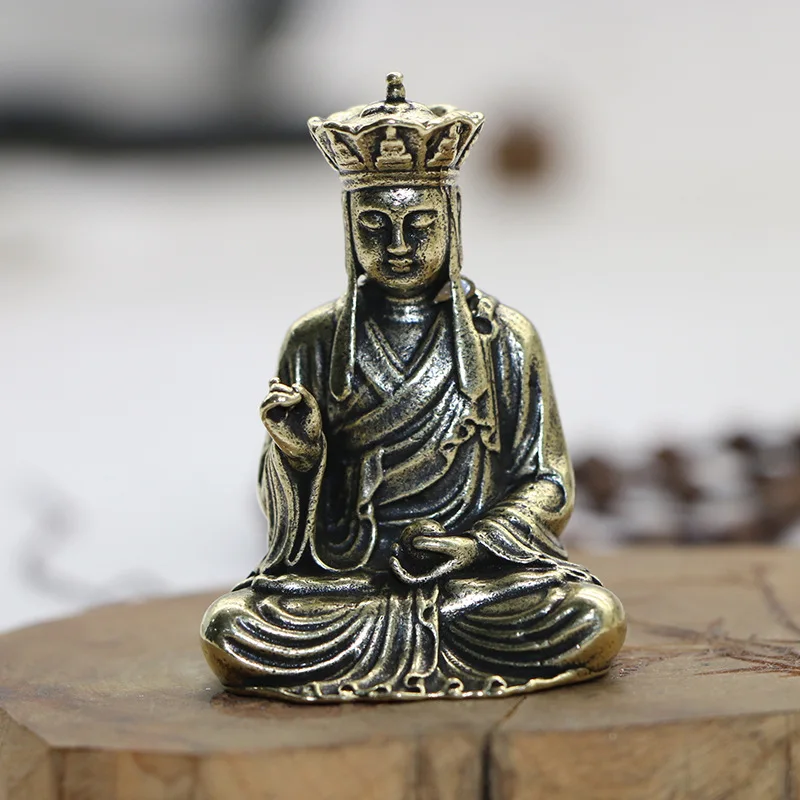 Vintage pure Ksitigarbha Bodhisattva Buddha statue, size, antique finish, mini portable Zen-style small copper Budd