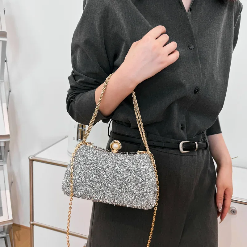 

New Fashion Sequin Square Small Clutches Handbags For Women Golden Chain Shoulder Bag Crossbody Wedding Party Evening Bag Purse