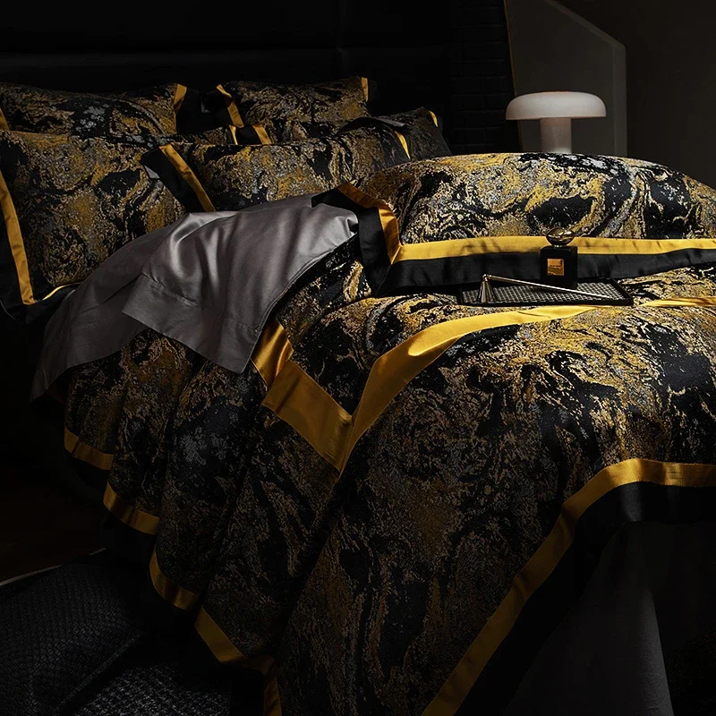 4/7Pcs Luxury Black Gold Jacquard Cotton Sateen Bedding Set Double Queen King Duvet Cover Set Fitted Sheet Bedspread Pillowcases