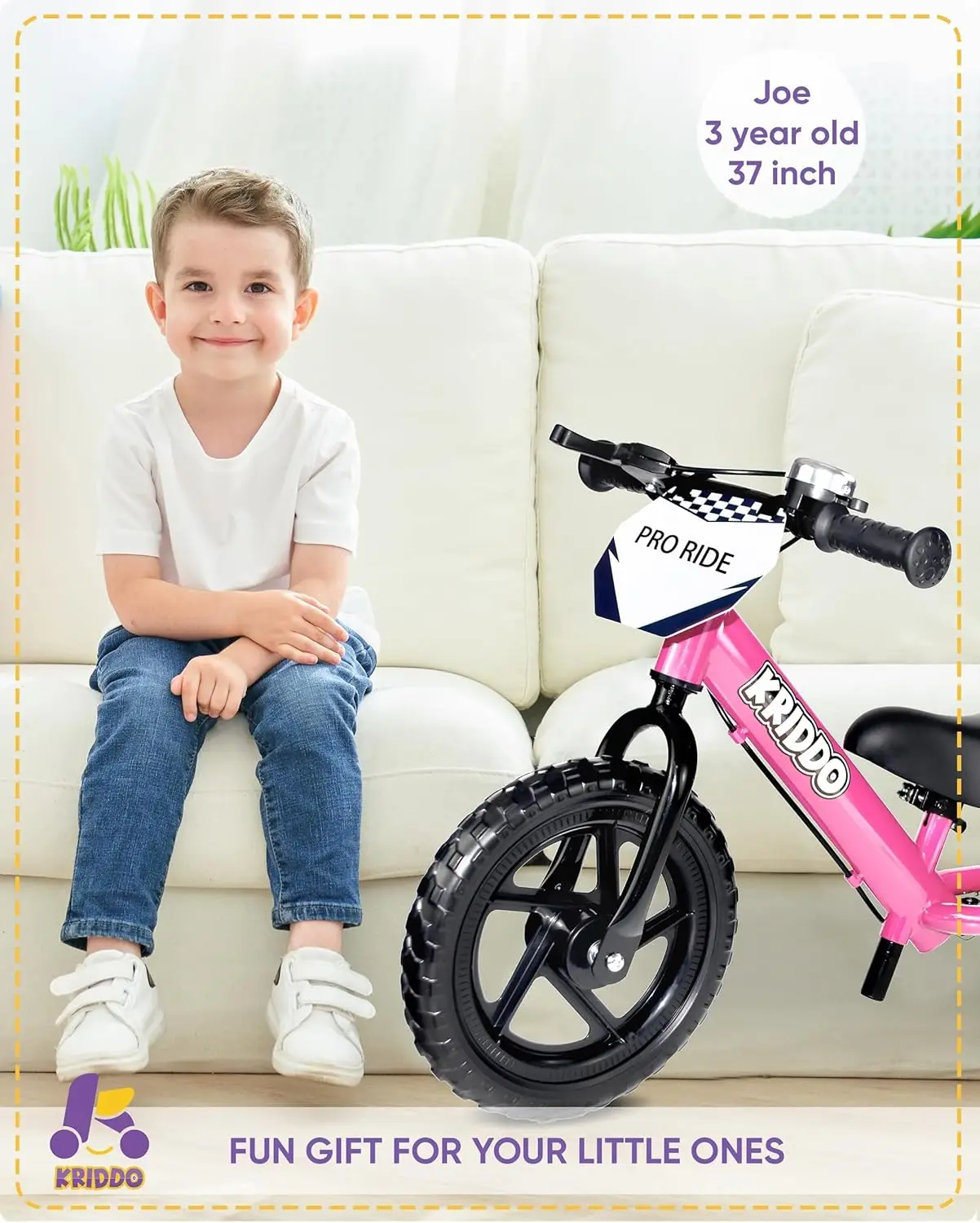 Pro peuterloopfiets 2+ jaar oud met handrem en standaard, 12 inch duwfiets, cadeaufiets voor 2-5 jongensmeisjes, roze