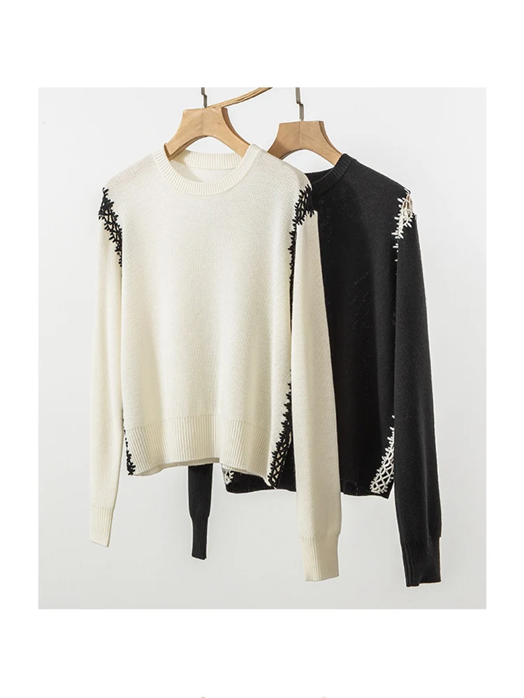 SuyaDream, Women Wool Pullovers, 32.4%Sheep Wool, Crochet lace, White Sweaters, 2024 Fall Winter Chic Top, Black