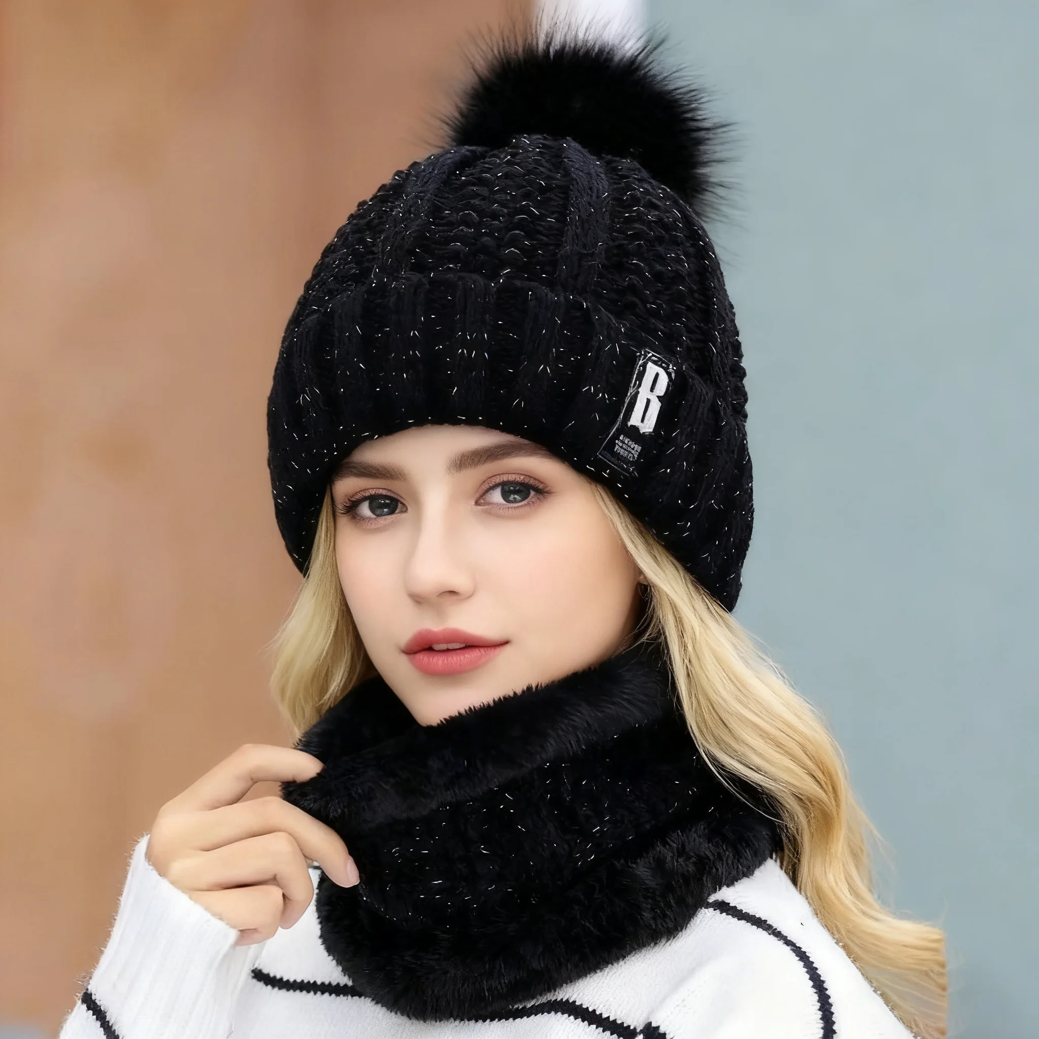 Conjunto de gorro e bufanda de punto grueso para mujer, lana de invierno, cálido