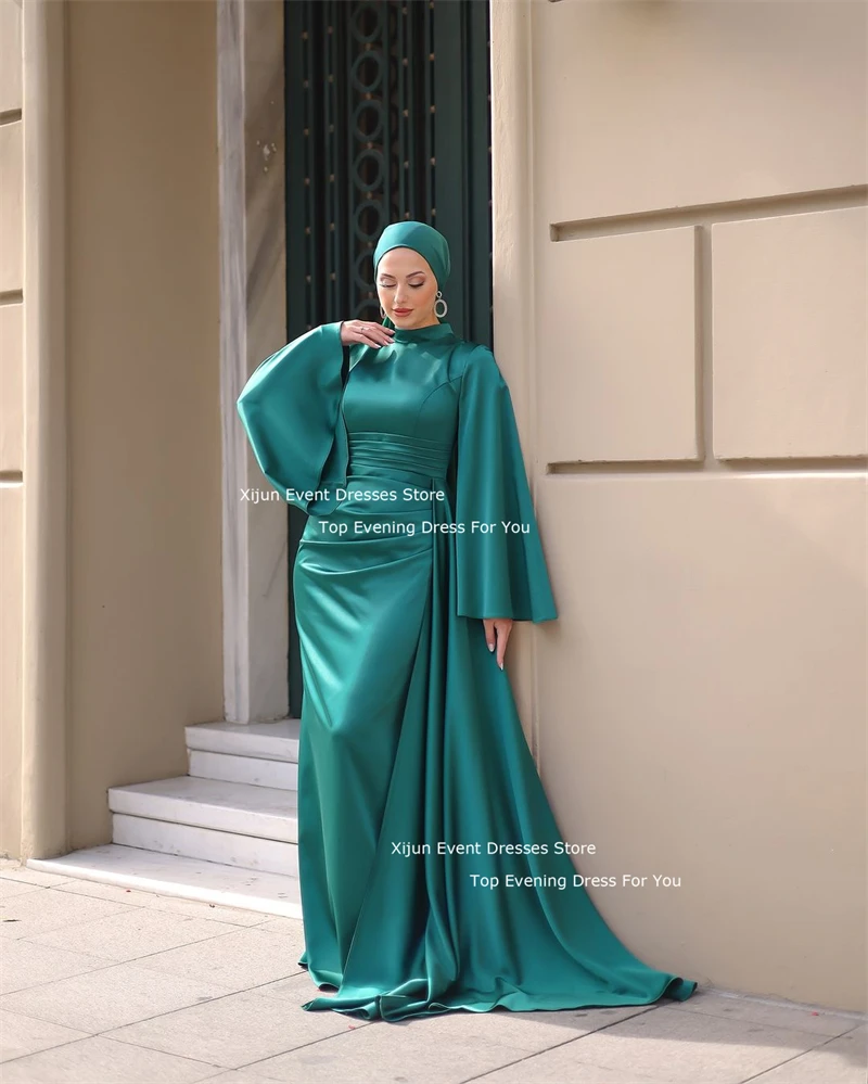 Xijun Modest Elegant Evening Dresses Muslim Moroccan Kaftan Prom Dresses High Collar Full Sleeves A-Line Prom Gowns Dubai Women