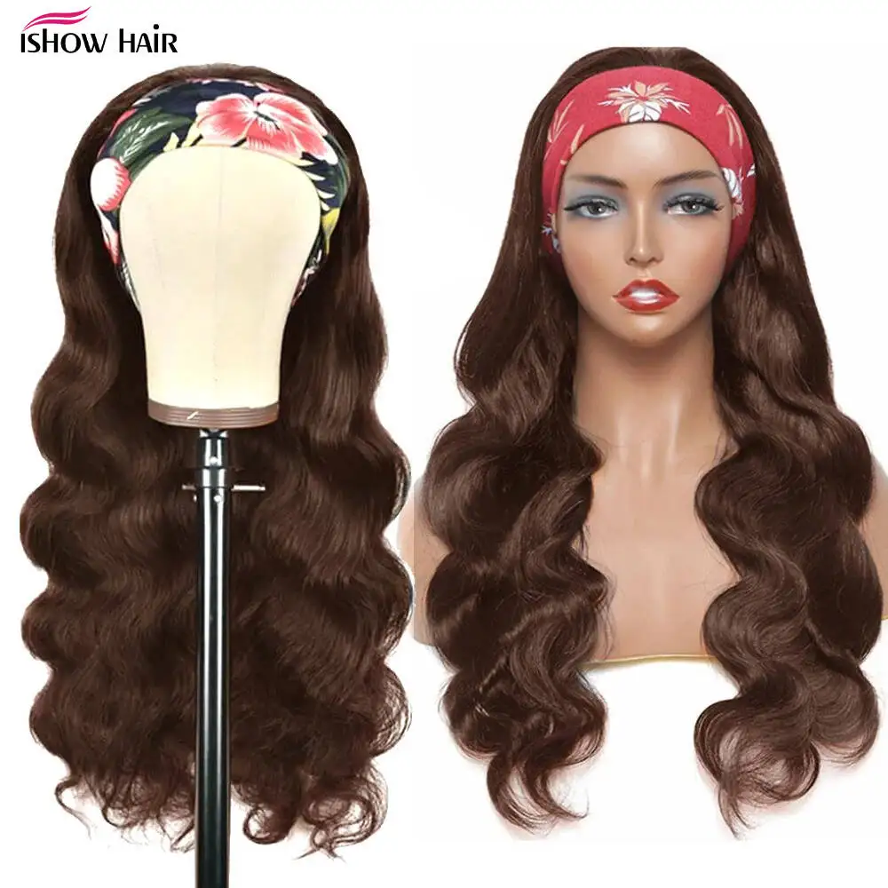 Ishow # 4 براون عقال خصلات الشعر المستعار الإنسان آلة كاملة صنع الباروكات الجسم موجة البرازيلي ريمي 100% وشاح من الشعر البشري شعر مستعار للنساء #4