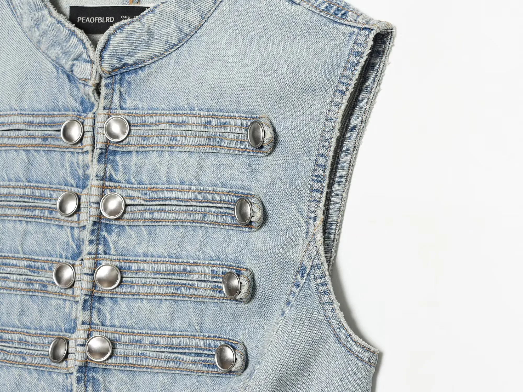 TFMLN Damen Gewaschene Jeansweste mit Stehkragen, Mehrfacher Metallknopfverzierung, Ärmellose Kurze Weste, Streetwear, Herbst Neuheit – Detail 5