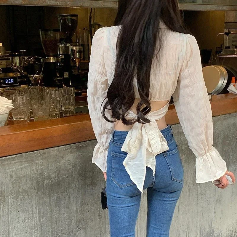 

Shirts Women Sun-proof Thin Fashion Crops Streetwear Summer Backless Hotsweet Harajuku Clothes Transparent Sweet Korean Style