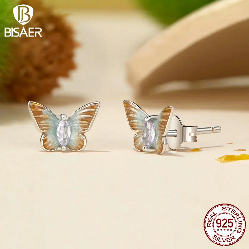 BISAER 925 Sterling Silver Cherry Studs Earrings Butterfly Enamel Earrings Plated White Gold for Romantic Woman Fine Jewelry