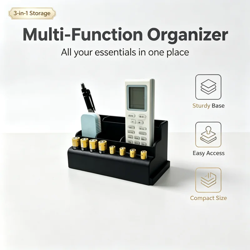 Black Multifunctional Desktop Storage Box, Three-In-One Desktop Organizer with Battery Storage Compartment, Pen Slot, and Remote Control Holder, a Sturdy and Compact Office Supplies Organizer, Space-Saving Stationery Storage Box That Can Be Placed on a Bedside Table, Suitable for Home, Office, Children's Study Areas, and Dormitory Use