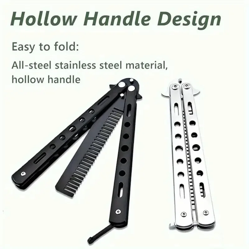 مشط قابل للطي من الفولاذ المقاوم للصدأ للتدريب على شكل فراشة سكين مشط اللحية والشارب أداة تصفيف الشعر في صالونات التجميل