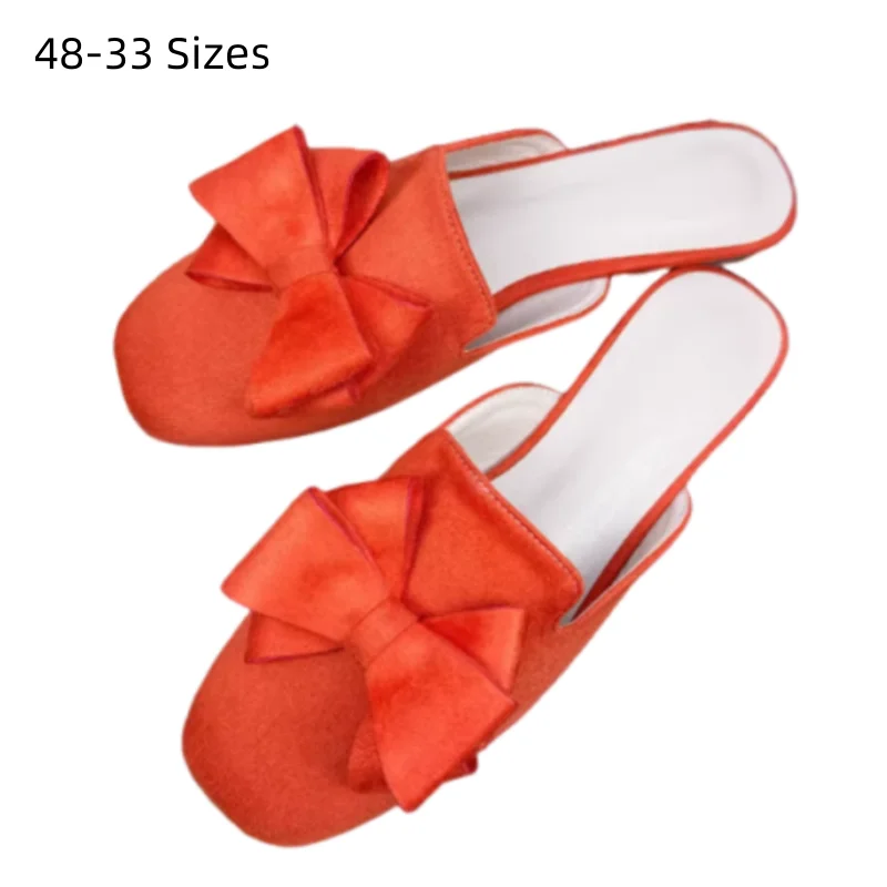 Lady Pull On Slippers Big Bow-tie Flat Slides Square Toe Wide Fitting Flock Comfortable Summer Sweet Shoes beige Orange 44 48 43