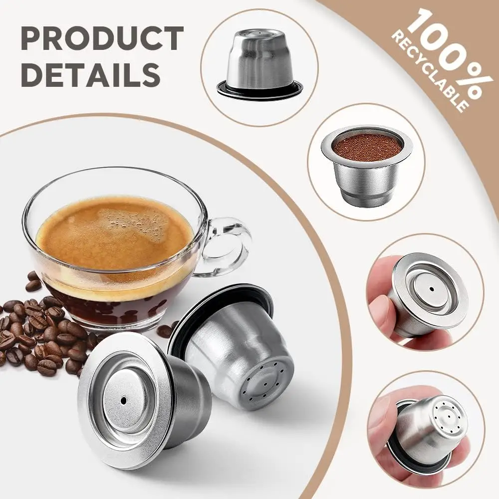 Reusable Coffee Capsule For Nespresso Espresso Crema Cups Stainless Steel Refillable Coffee Pods Filters With Tamper Dosing Ring