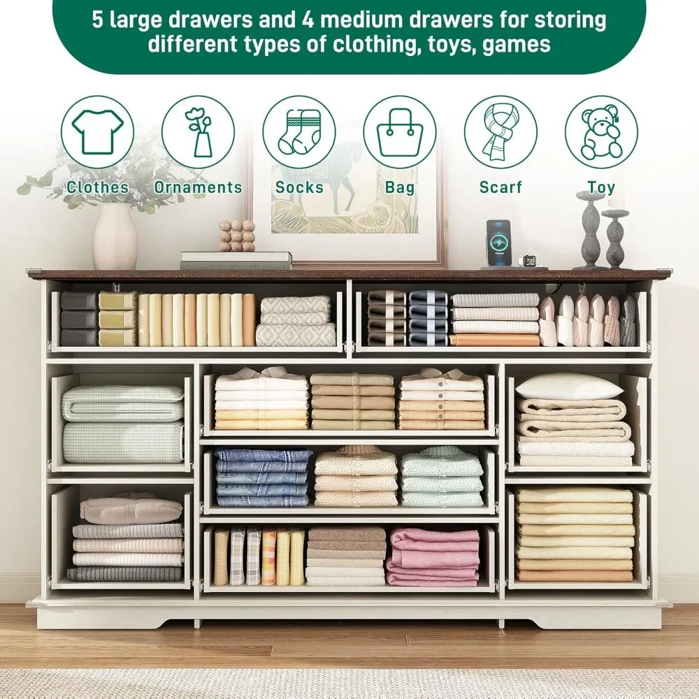 خزانة ذات 9 أدراج لغرفة النوم، خزانة خشبية مقاس 63 بوصة وخزانة ذات أدراج مع منافذ طاقة، وخزائن كبيرة وواسعة لغرفة النوم، #5