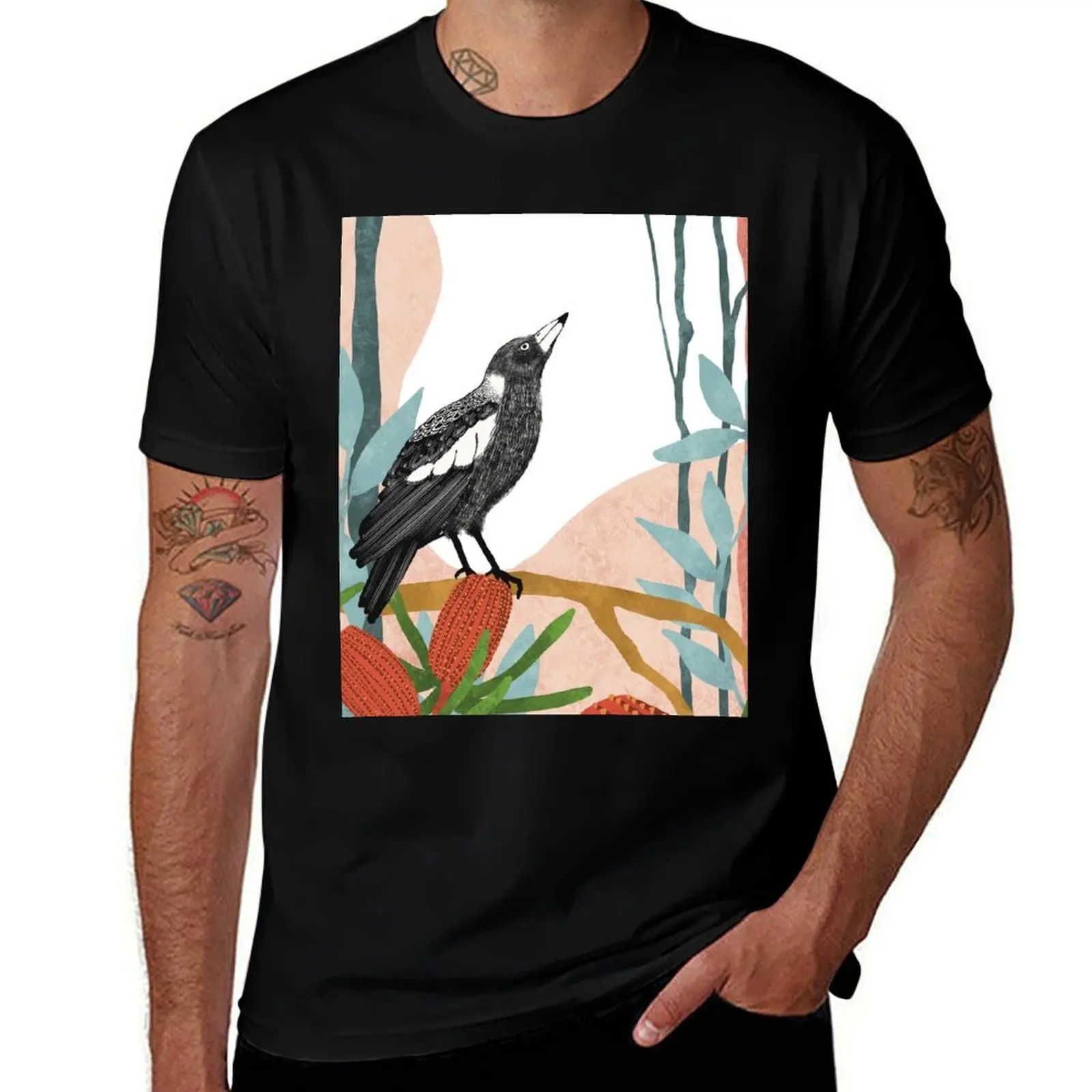 Australian Magpie amongst Banksia Flowers T-Shirt blanks custom t shirt slim fit t shirts for men