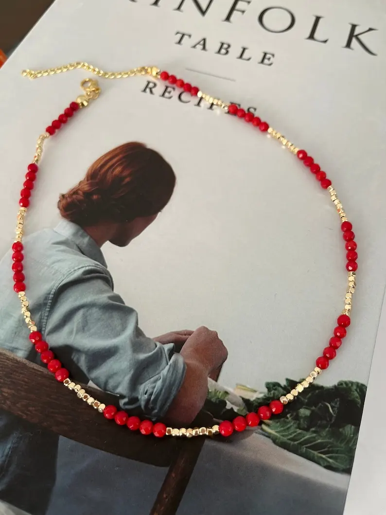 Chic coral stone necklace, gold plated shiny beads, red necklace, gift for her