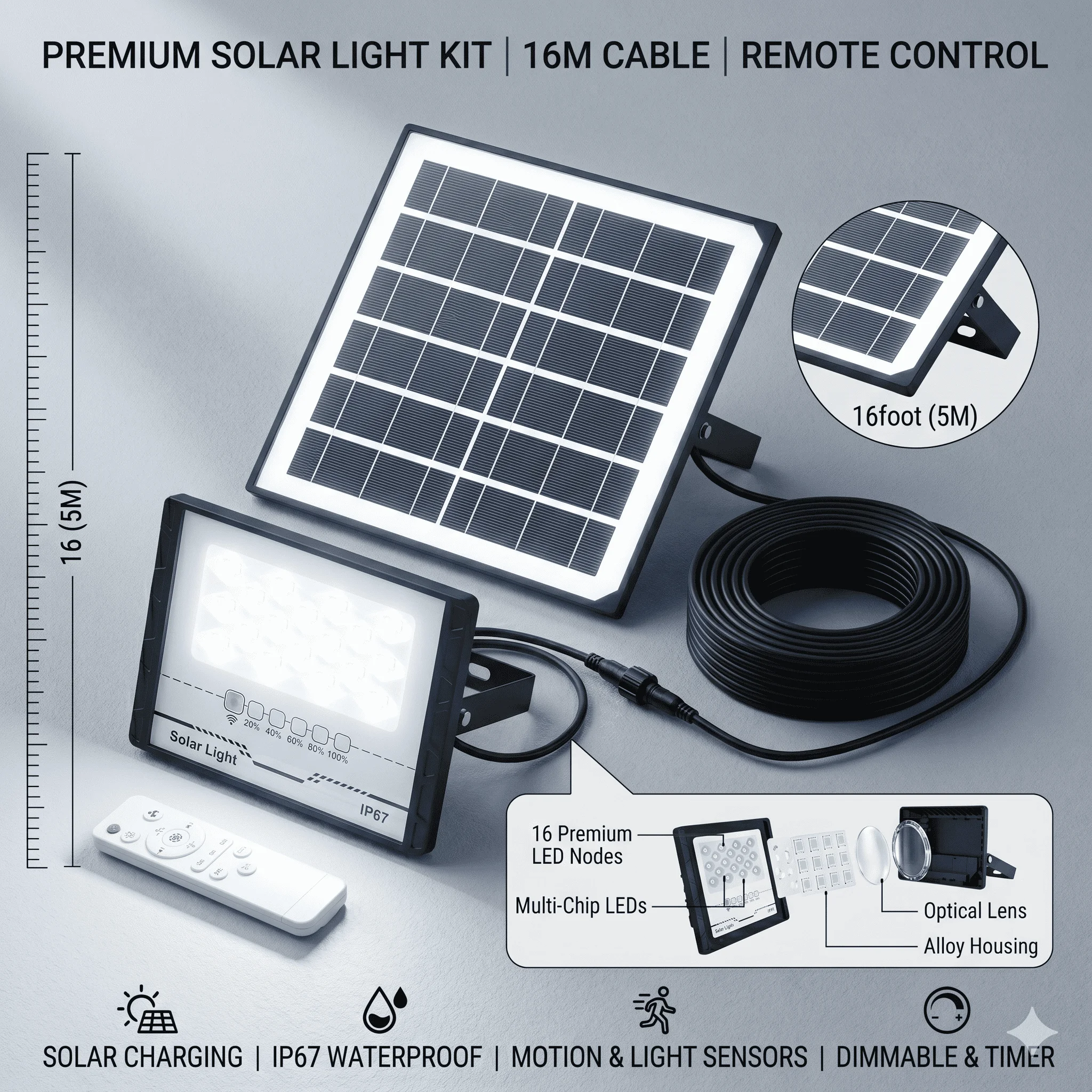 LED Outdoor Solar Light With Remote Control Motion Sensor DC5V IP67 Waterproof Solar Powered With 5M Wires High Brightness Super
