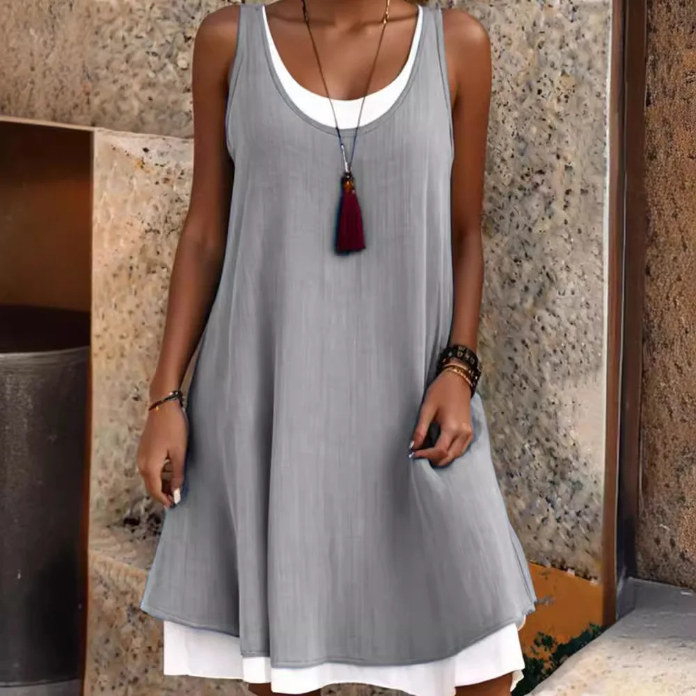 2025 Summmer Women Solid Dress Casual Sleeveless Fake Two Piece Loose Dresses Female O Neck Office Holiday Beach Party Dress New