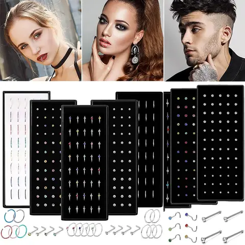 40/60PC Stainless Steel Straight L Nose Stud for Women Nose Ring Set 1.8MM Fashion Crystal Aro Nariz Nase Pircing Body Jewelry