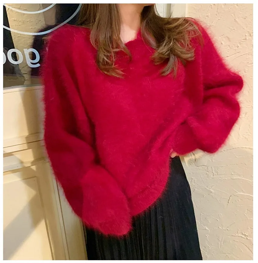 Korean Oversized Autumn Winter Pink Soft Mohair Knitted Loose Sweater New Chic Women O Neck Imitation Mink Thick Warm Pullovers