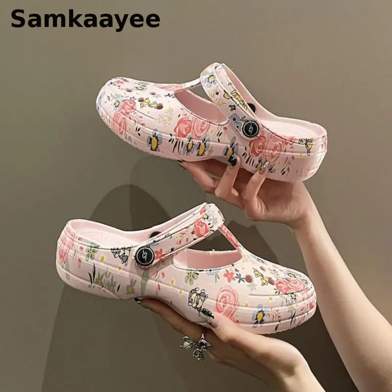 Size 34-41 Women's Sandals Female Slippers Summer Mujer Zapatos Mules Clogs Platform Shoes Flowers Soft Breathable Beach Shoes 2