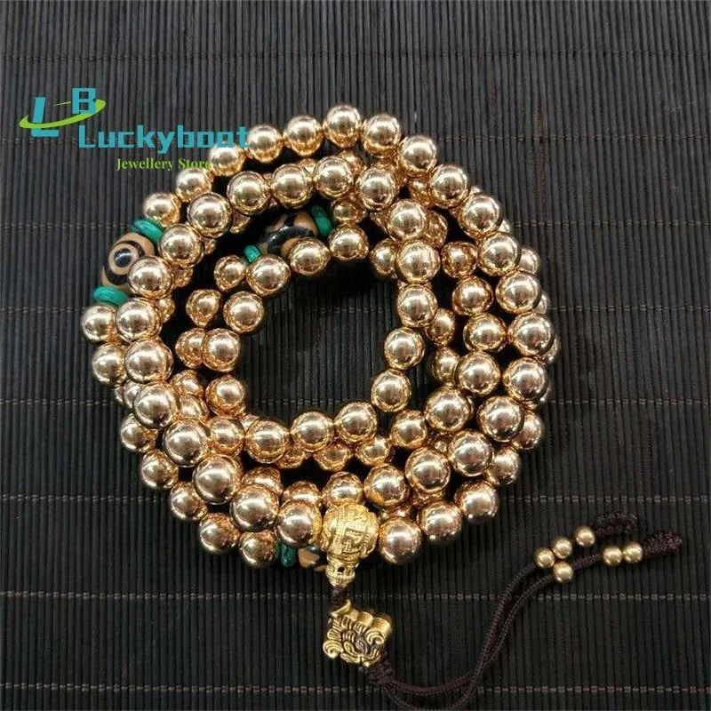 Vintage 108 Nepal Brass Round Beads Bracelet Pure Copper Beads Necklace Classic Buddhist Prayer Mala for Men Meditation Dropship