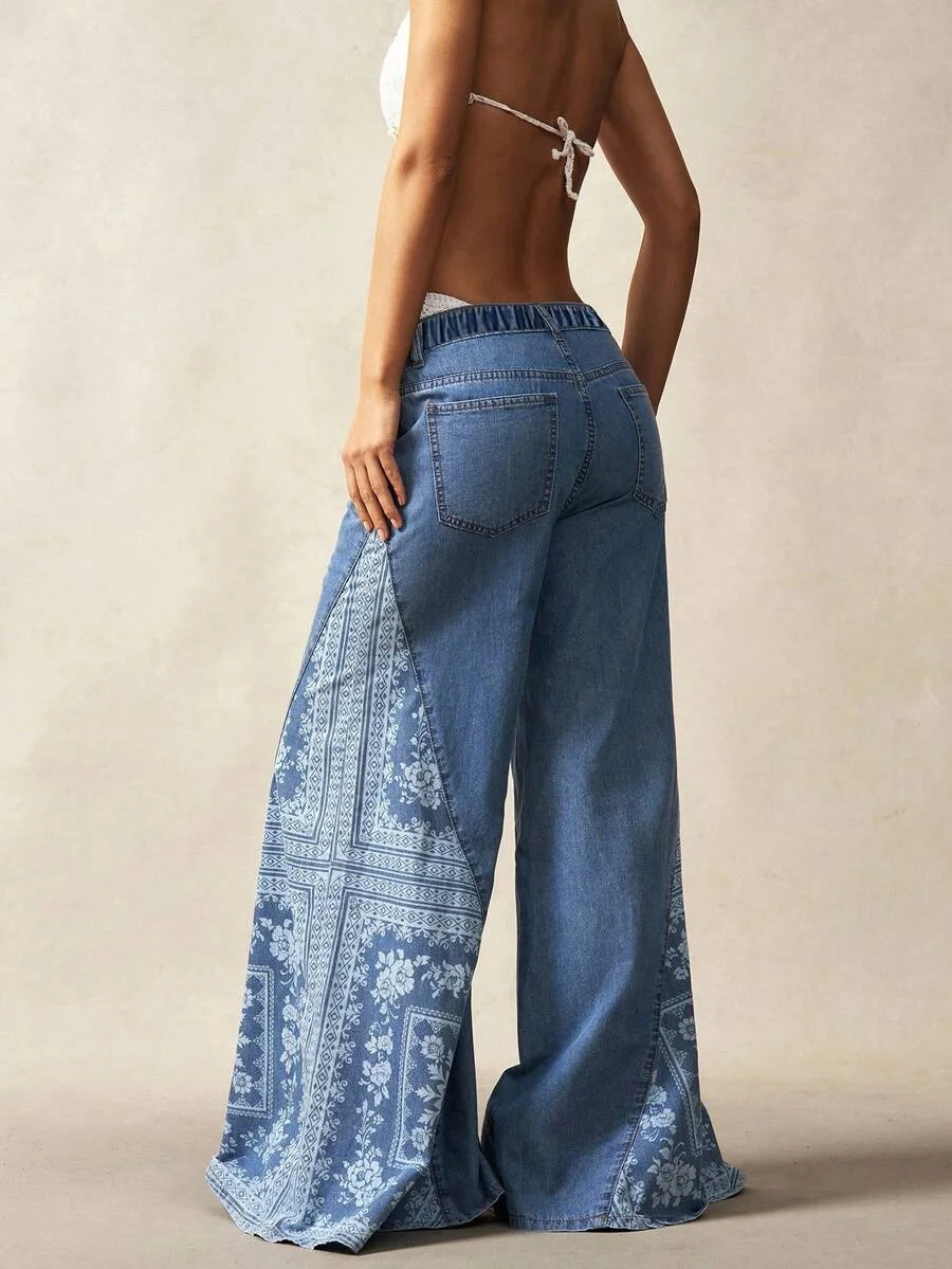 2026 Neue Damen-Jeans mit Blumenmuster und Patchwork, Übergröße, Locker Geschnitten mit Taschen, Lässige Vintage-Denim-Hose mit Weitem Bein – Detail 6