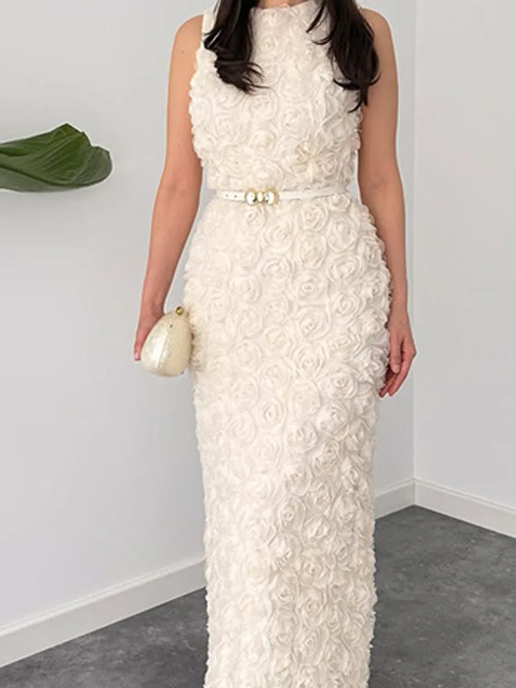 

Модное однотонное платье с высокой талией, украшение в виде цветов, длинное платье с рюшами, женское элегантное облегающее вечернее платье без рукавов с круглым вырезом