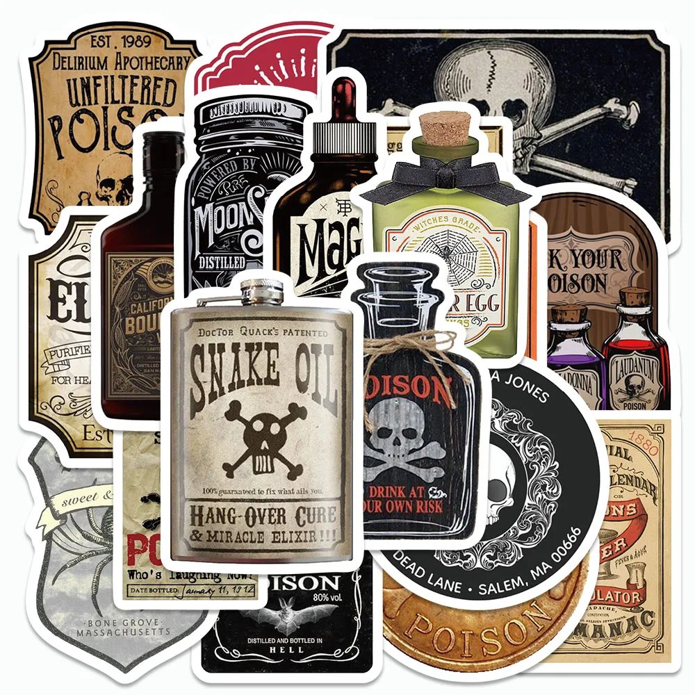 50PCS Retro Horror Potion Stickers Cartoon Medicine Bottle Decals For Notebooks Skateboards Refrigerator Decorate Stickers