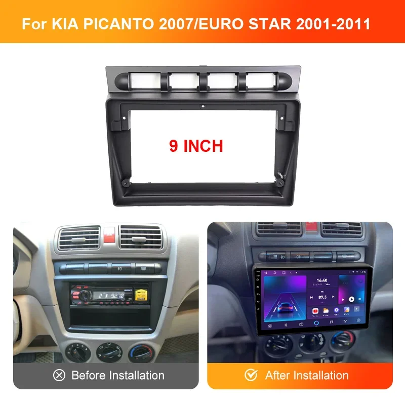 Car Radio Fascia Frame For 2007 KIA PICANTO/2001-2011 EURO STAR 9Inch Panel Wire Harness Power Cable Adapter And Canbus