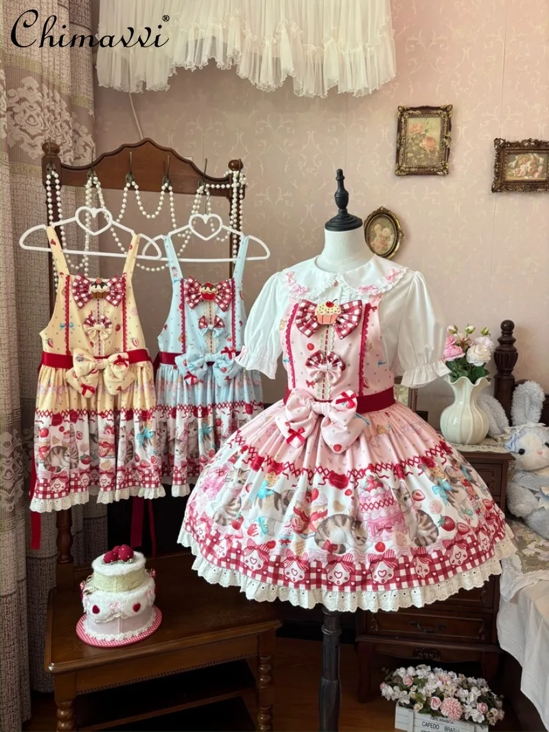 

Original Lolita Design Sweet JSK Strap Dress Cute Cartoon Print Kawaii Bowknot Girl High Waist Puffy LO Princess Dresses Women