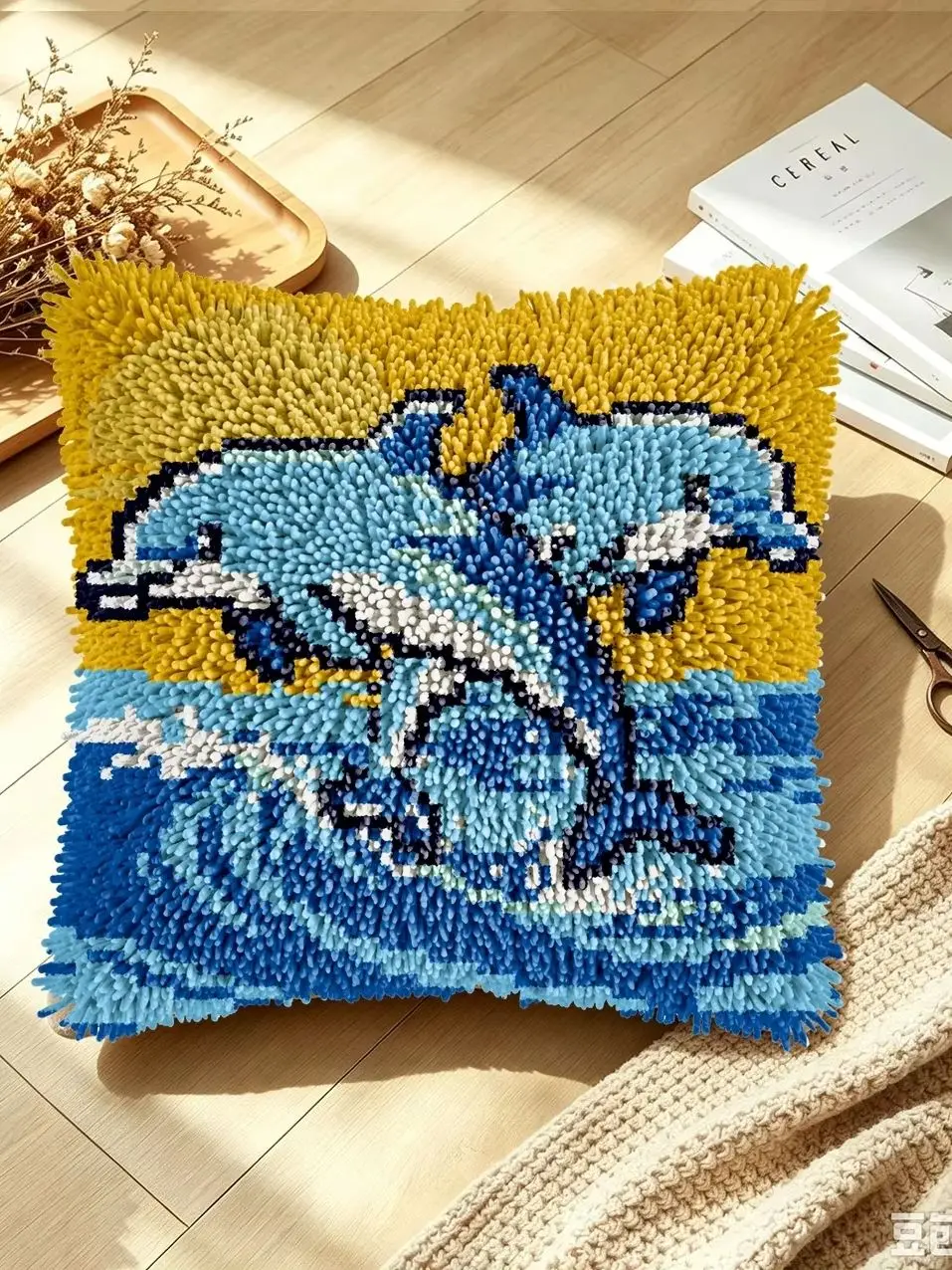 1 Set Jumping Dolphins Knoten-Kissen-Set mit Häkelnadel, Kissenbezug-Set für Handarbeiten, Häkelnadel-Sets, DIY, anfängerfreundlich, Emb – Detail 1