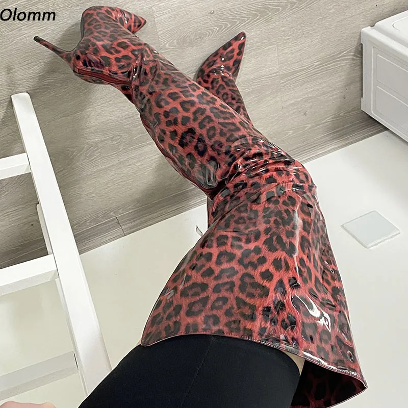 

Olomm Women Winter Thigh Boots Stiletto Heels Patent Back Zipper Pointed Toe Gorgeous Leopard Party Shoes Ladies US Size 5-15