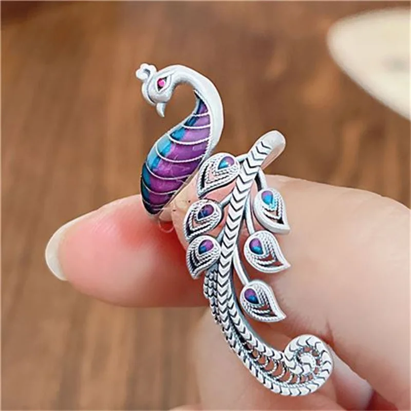 

999 Pure Silver Enamel Phoenix Open Ring, Ethnic Style Women's Retro Atmospheric Luxury Ring Christmas Gift·