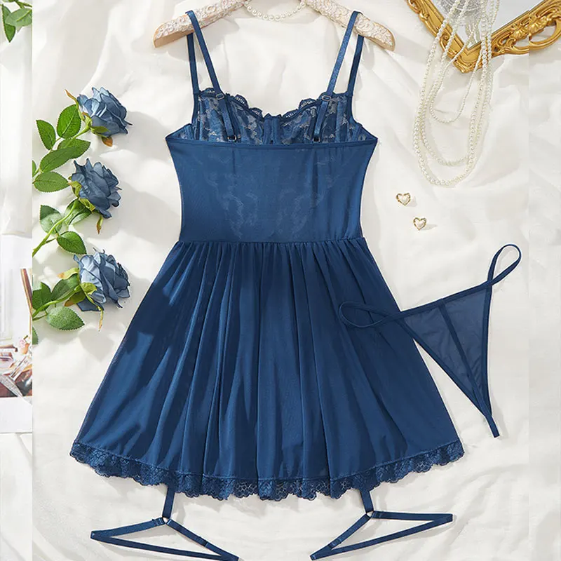 مجموعة كاملة من الملابس الداخلية الشفافة الأزرق حجم كبير الدعاوى الدانتيل الصدرية الرباط حزام ثونغ مجموعات الساخن المرأة المثيرة الملابس الداخلية فستان الليل