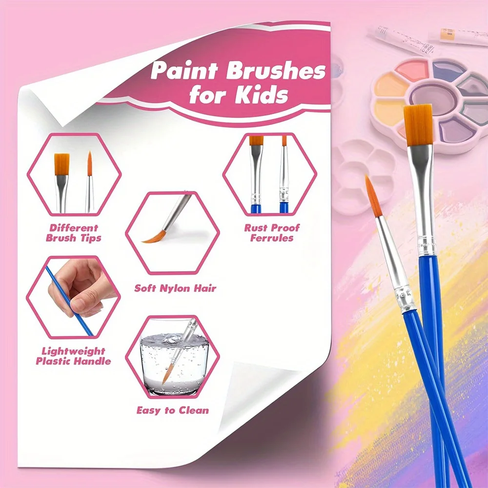 50Pcs Painting Brushes Set Art Round Flat Hair Nylon Hair Paint Brush for Oil Acrylic Watercolor
