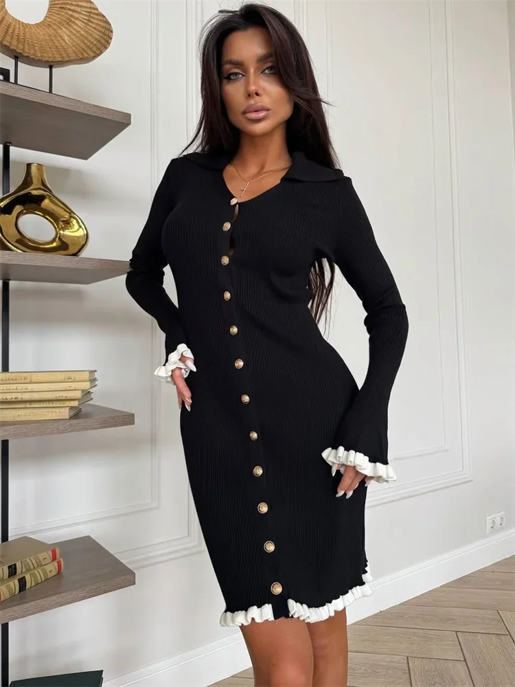 

2025 New Elegant Black Ruffled Knitwear Dress Female V-Neck Ribbed Patchwork Sweater Cardigan Mini Dress Women Knit Autumn