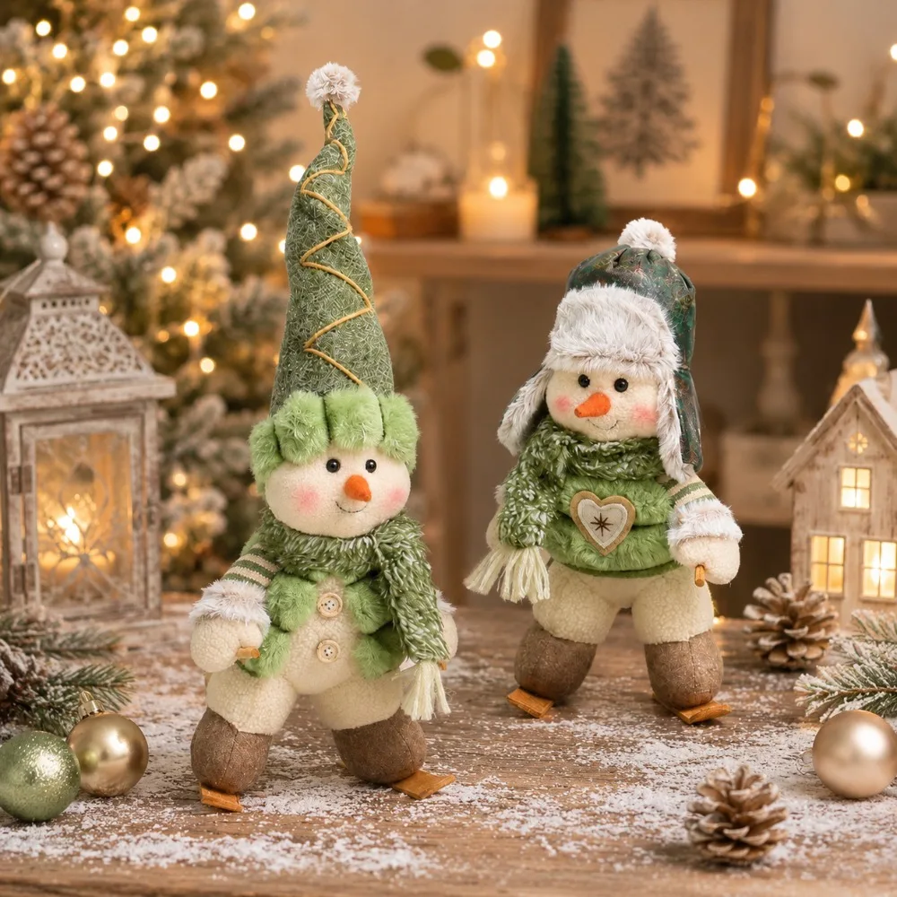 Christmas skiing snowman figurine ornaments, available in 2 different styles. The green color scheme presents a gentle and soft