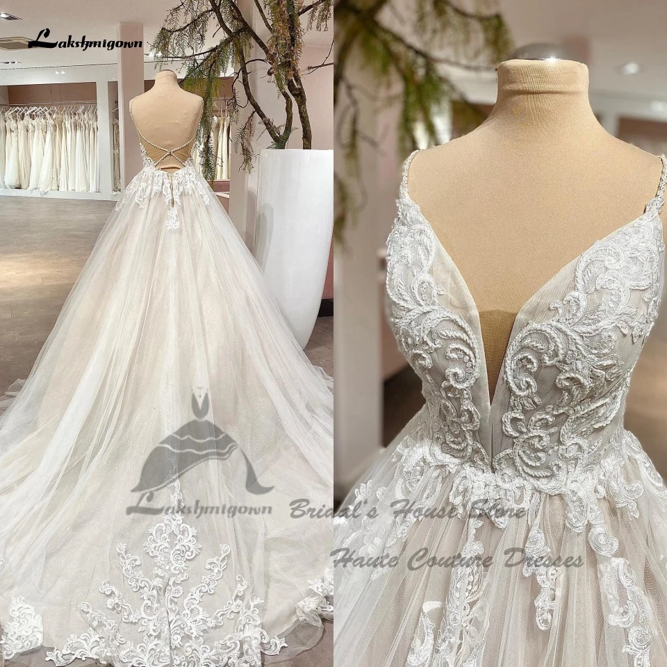 Lakshmigown Maxi Champagne Wedding Dresses Boho Style 2023 V Neck Lace Beaded Princess Bridal Wedding Gowns Spaghetti Straps