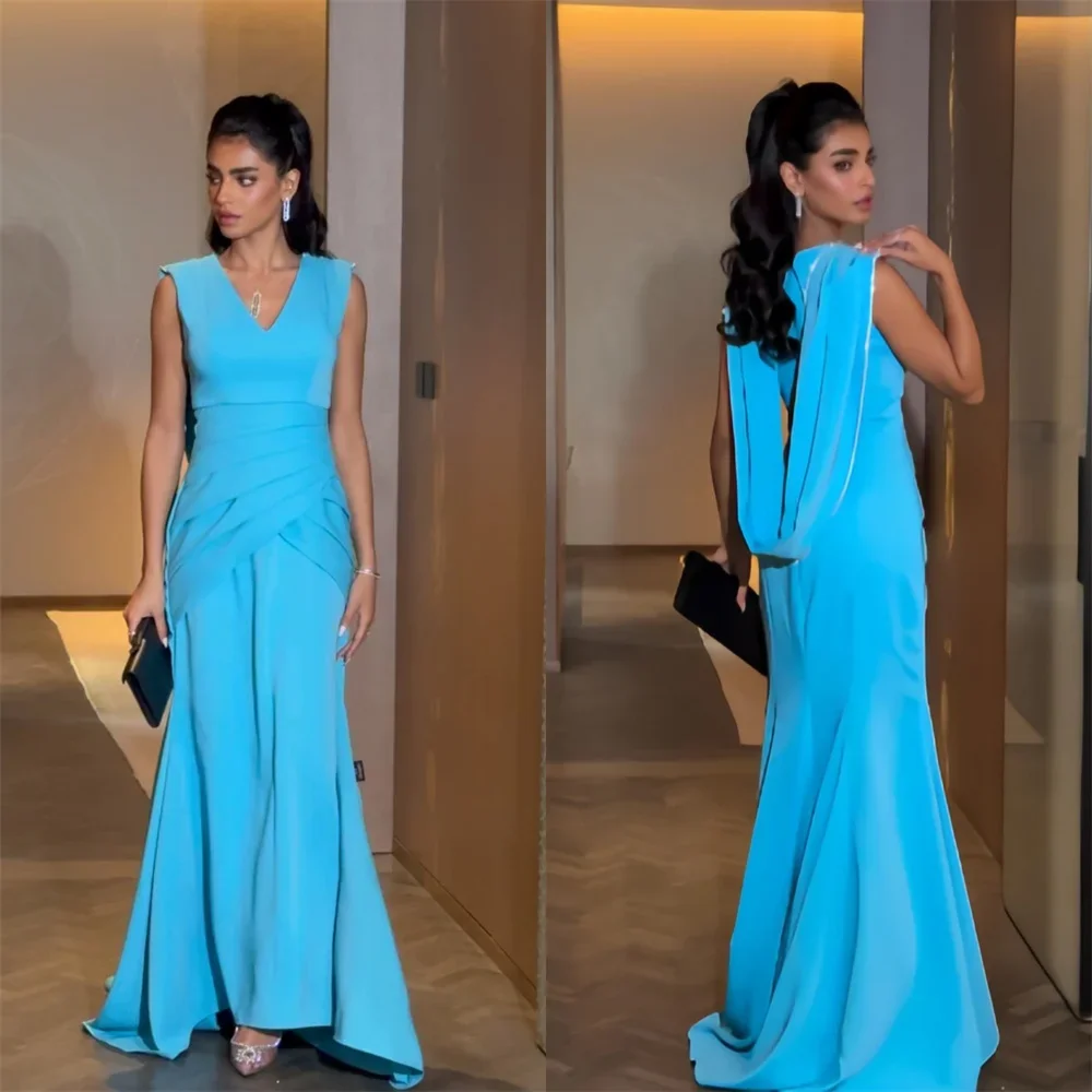 

Customized Saudi Arabia Prom Dress Dearin V-neck Column Ankle Length Skirts Draped Ribbon Bespoke Occasion Dresses Evening Forma