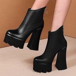 LAIGZEM SUPER Women Ankle Boots Real Leather/ Real Suede Back Zip Up Thick High Heels Short Booties Shoes Woman Size 33 35 37 39