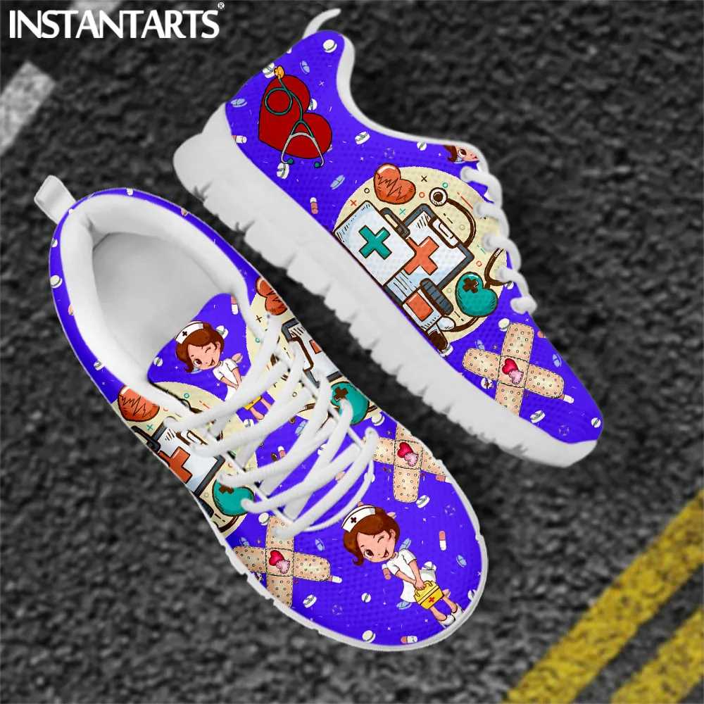 INSTANTARTS EKG Heartbeat Women's Shoes Cartoon Nurse Doctor Pattern Lace Up Outdoor Walking Sneaker Nursing Sneakers Hospital