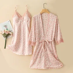 Twinset Women Rayon Kimono Bathrobe Sleep Suit Summer Nighty&Robe Gown Set Loungewear Lace Nightgown Sleepwear Lingerie