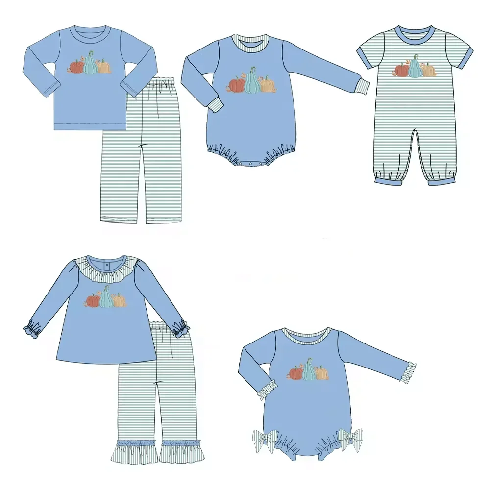 New Thanksgiving boutique children set long-sleeved elastic pumpkin print trousers lace girl boy plaid trousers set baby romper