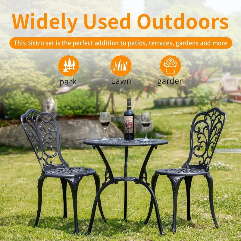 Bistro Set 3 Piece Outdoor,Cast Aluminum Outdoor Bistro Table and Chair Set of 2 with 1.97" Umbrella Hole,All Weather Metal