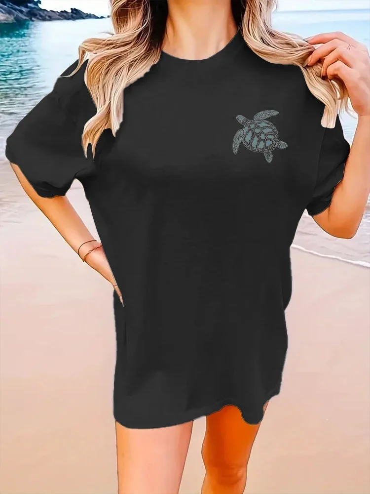 2024 New Cute Turtle Letter Printed T-shirt Summer Short Sleeved Round Neck Casual Top Pure Cotton Women\'s Fashion Clothing