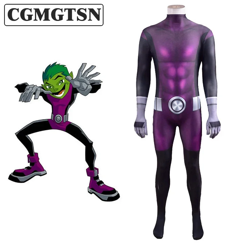 CGMGTSN Adults Kids Teen Titans Beastboy Cosplay Costume Purple Bodysuit Superhero Zentai Jumpsuit Halloween Party Costumes