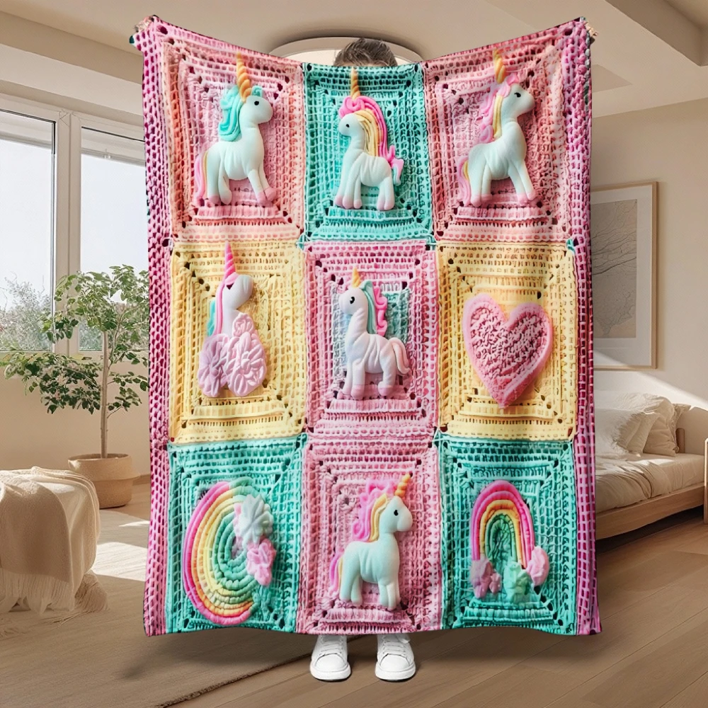 Unicorn Design Flannel Blanket, Vibrant Mascot Print, Soft Cozy Polyester Fabric, All Season Throw for Bed, Sofa, Office, Outdoo
