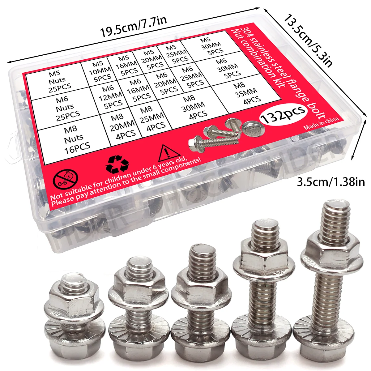 132-teiliges Sechskant-Flanschschrauben- und Muttern-Set aus Edelstahl, M5, M6, M8-Flanschschrauben und -muttern, Flanschplatte, für DIY-Projekte. – Detail 2